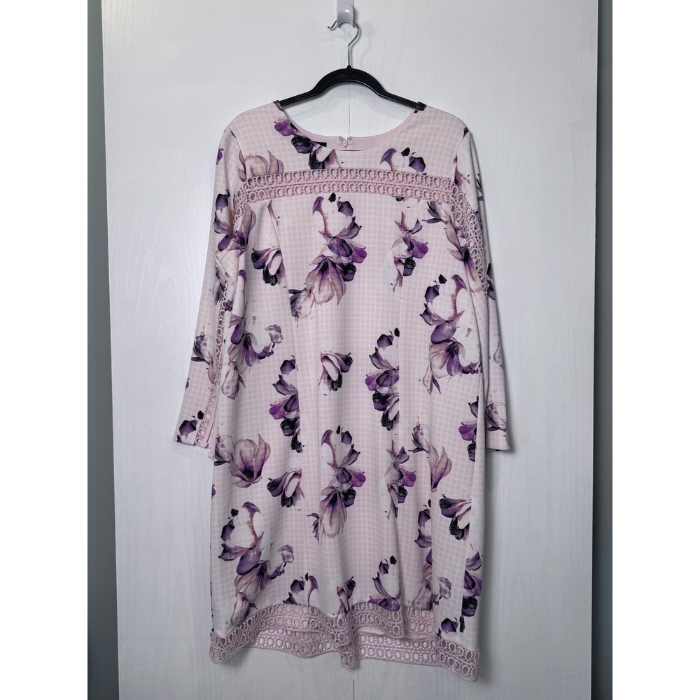 Alfani Garden Oasis Women's Plus Illusion-Trim Shift Dress Pink Floral Sz 16W